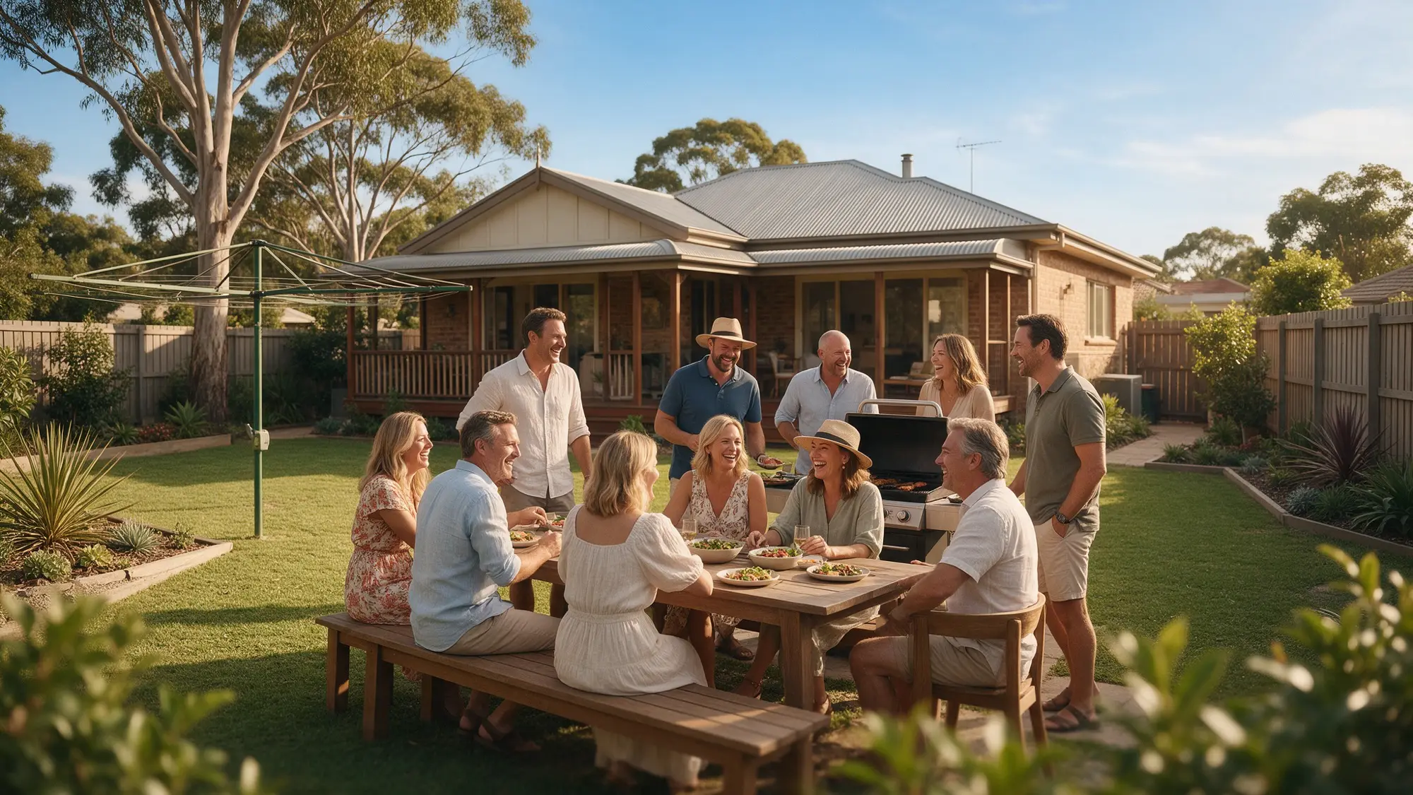 A group of Australian small business owners enjoying a barbecue in a large, neat backyard at a brick home with a Hills Hoist clothesline
